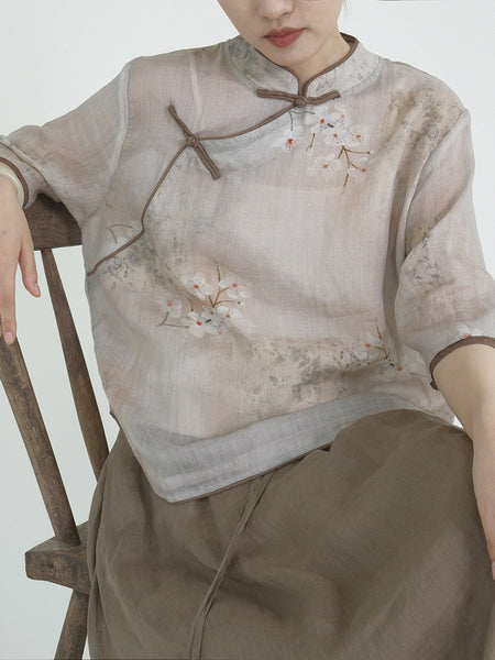 Women Ethnic Flower Print Slant Buckle Ramie Shirt CC044 MH