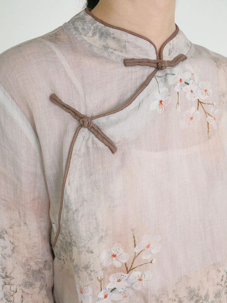 Women Ethnic Flower Print Slant Buckle Ramie Shirt CC044 MH