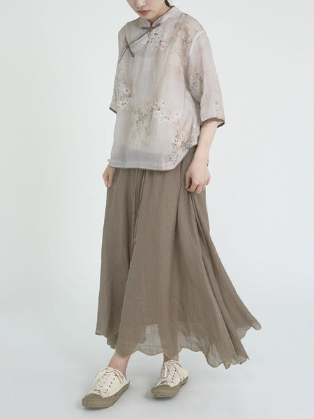 Women Ethnic Flower Print Slant Buckle Ramie Shirt CC044 MH