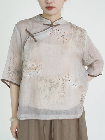 Women Ethnic Flower Print Slant Buckle Ramie Shirt CC044 MH