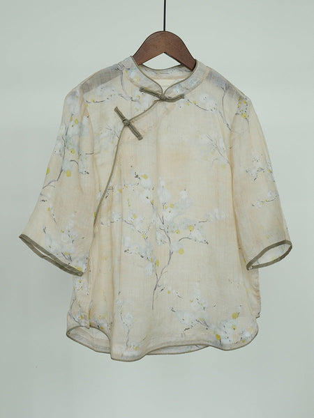 Women Ethnic Flower Print Slant Buckle Ramie Shirt CC044 MH