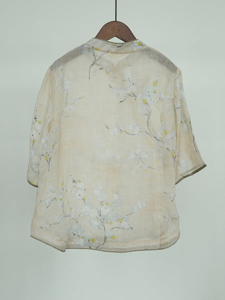 Women Ethnic Flower Print Slant Buckle Ramie Shirt CC044 MH