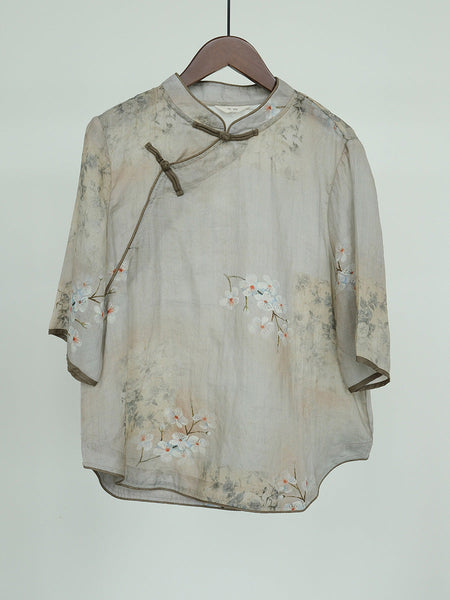 Women Ethnic Flower Print Slant Buckle Ramie Shirt CC044 MH