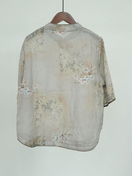 Women Ethnic Flower Print Slant Buckle Ramie Shirt CC044 MH