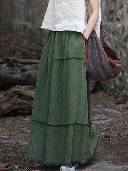 Women Summer Retro Solid Raw-edge Ramie Skirt CC046 BXF