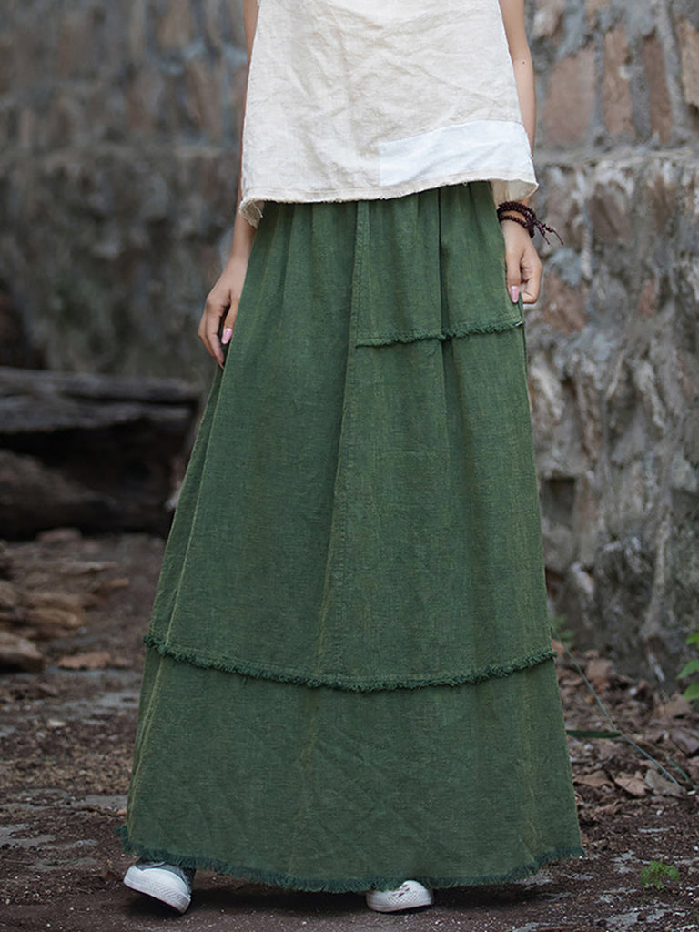 Women Summer Retro Solid Raw-edge Ramie Skirt CC046 BXF