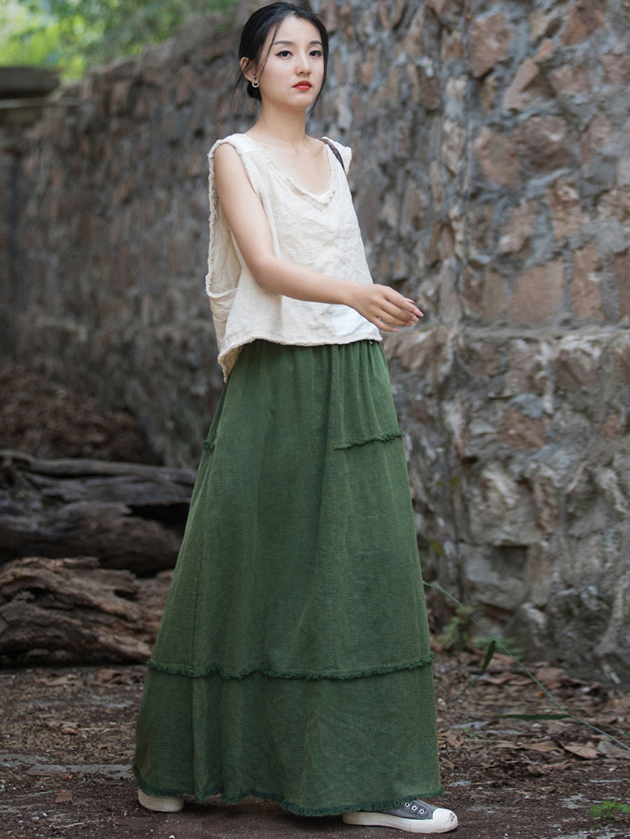 Women Summer Retro Solid Raw-edge Ramie Skirt CC046 BXF