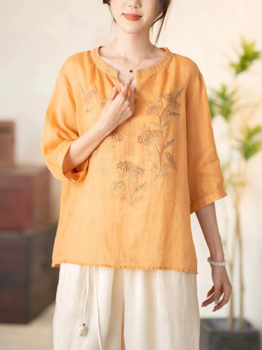 Women Summer Vintage Flower Embroidery V-neck Ramie Shirt CC036 BUYKUD