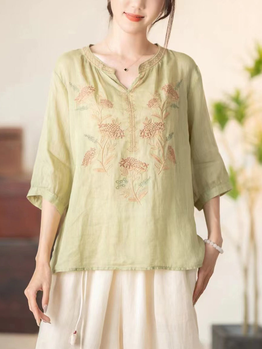 Women Summer Vintage Flower Embroidery V-neck Ramie Shirt CC036 BUYKUD