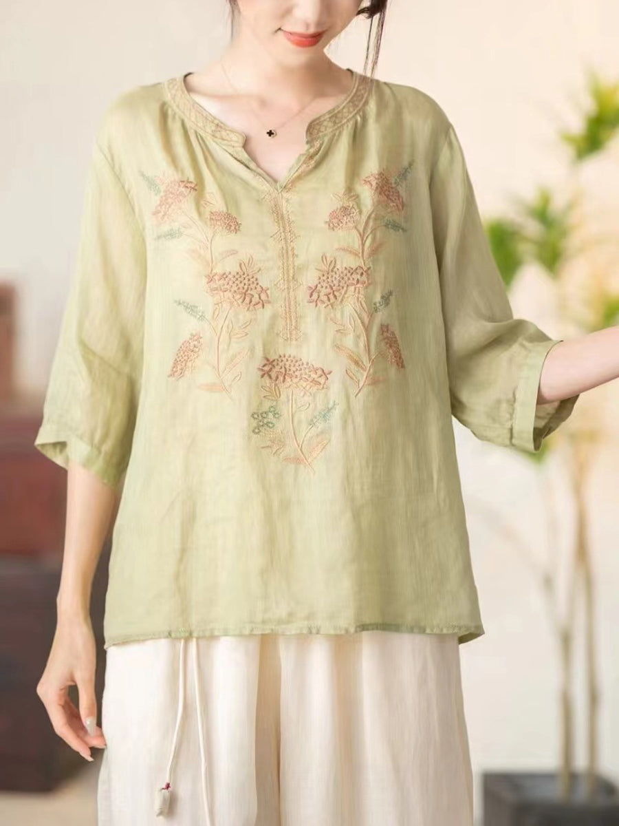 Women Summer Vintage Flower Embroidery V-neck Ramie Shirt CC036 BUYKUD