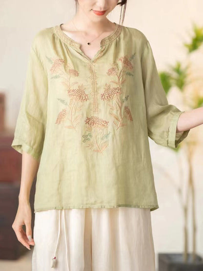 Women Summer Vintage Flower Embroidery V-neck Ramie Shirt CC036 BUYKUD