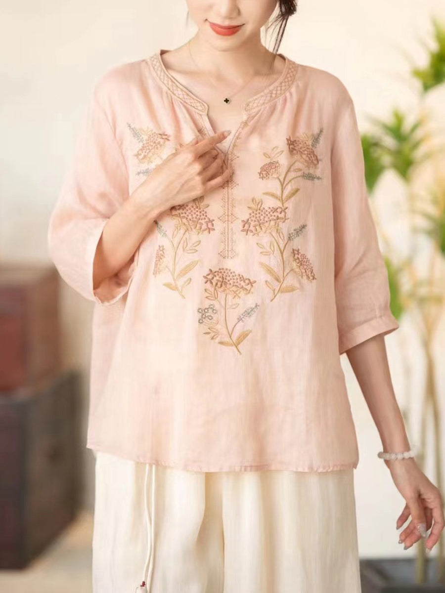 Women Summer Vintage Flower Embroidery V-neck Ramie Shirt CC036 BUYKUD