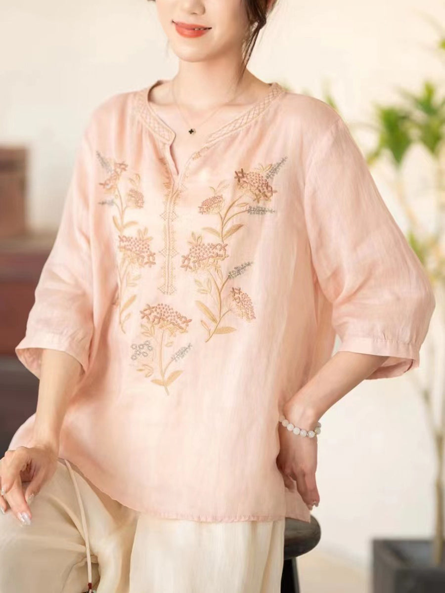 Women Summer Vintage Flower Embroidery V-neck Ramie Shirt CC036 BUYKUD