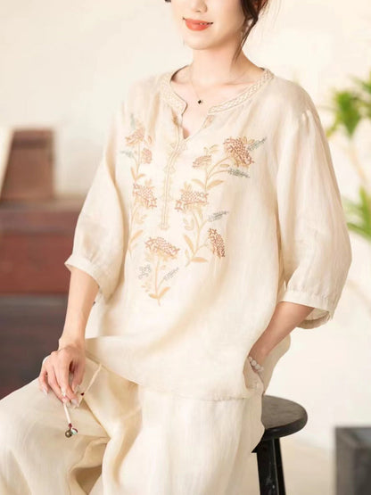 Women Summer Vintage Flower Embroidery V-neck Ramie Shirt CC036 BUYKUD