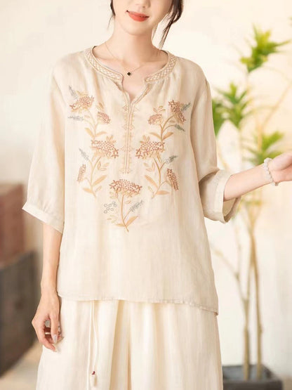 Women Summer Vintage Flower Embroidery V-neck Ramie Shirt CC036 BUYKUD