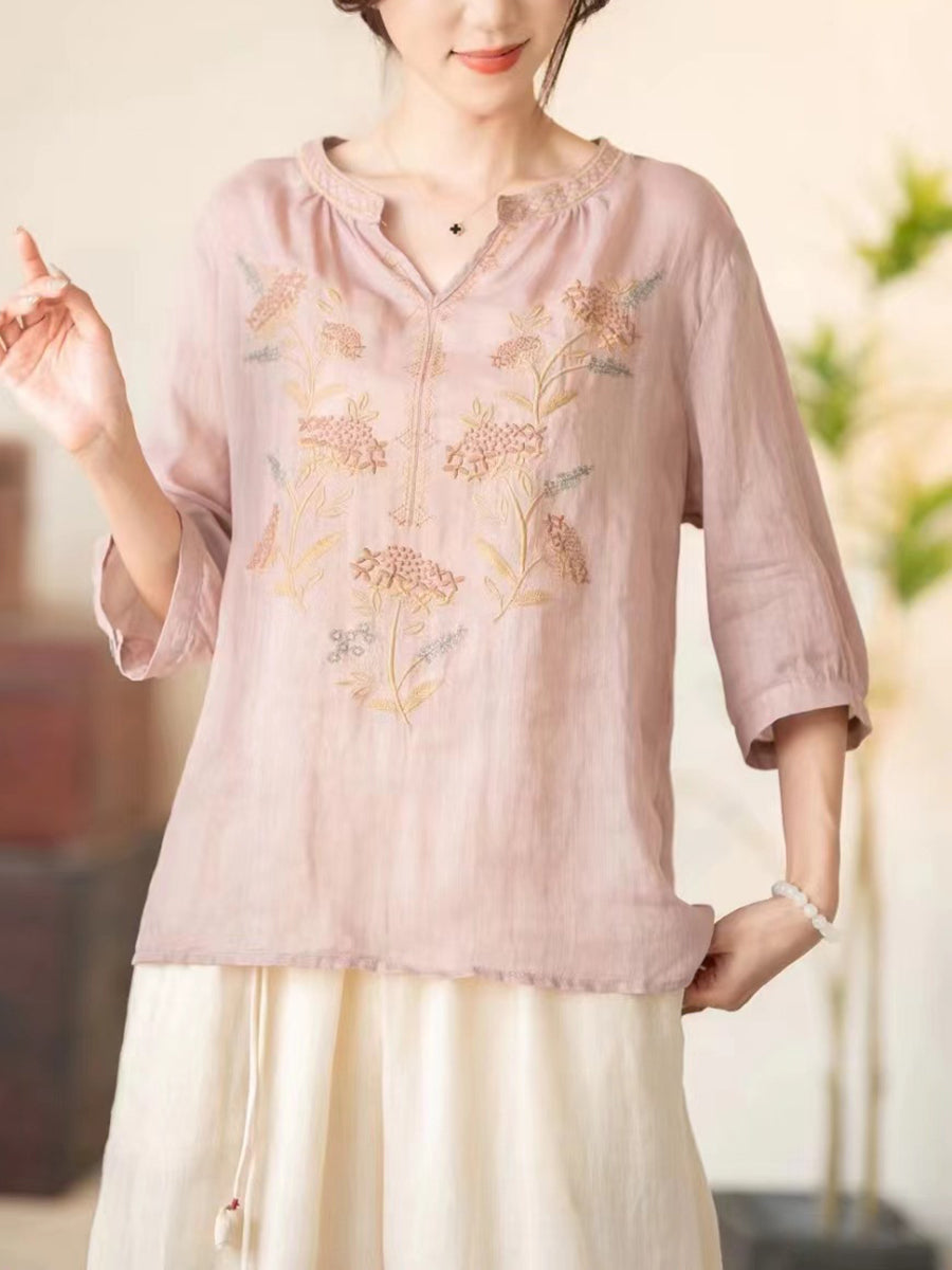 Women Summer Vintage Flower Embroidery V-neck Ramie Shirt CC036 BUYKUD