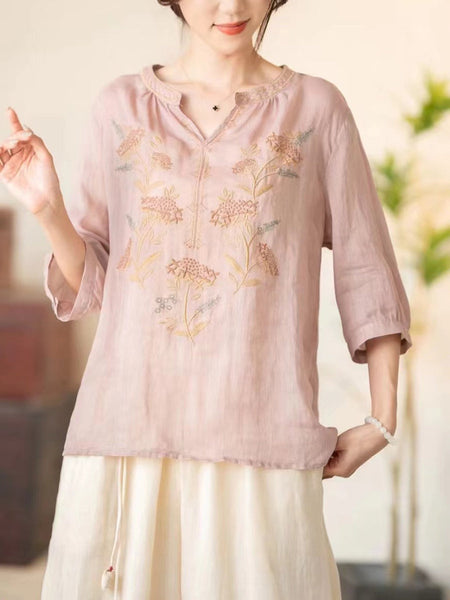 Women Summer Vintage Flower Embroidery V-neck Ramie Shirt CC036 BUYKUD