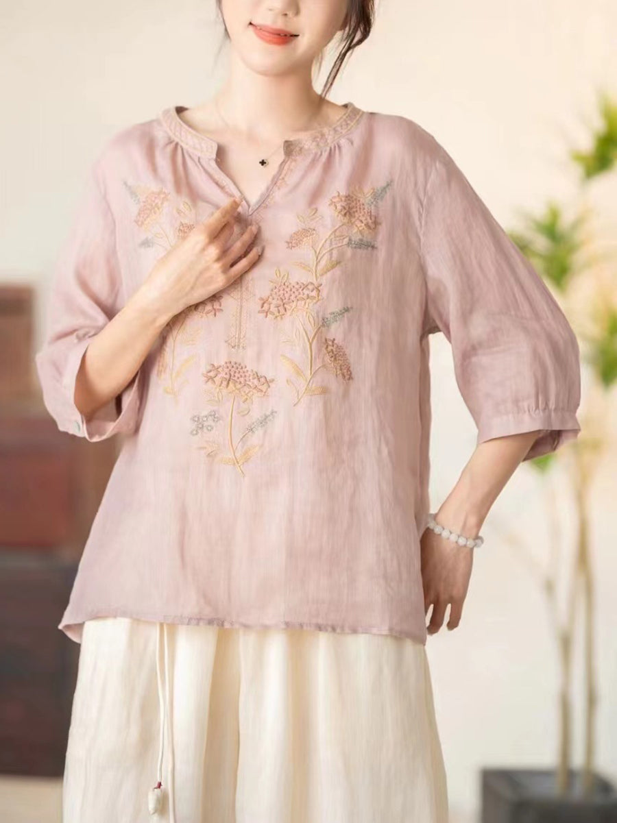 Women Summer Vintage Flower Embroidery V-neck Ramie Shirt CC036 BUYKUD