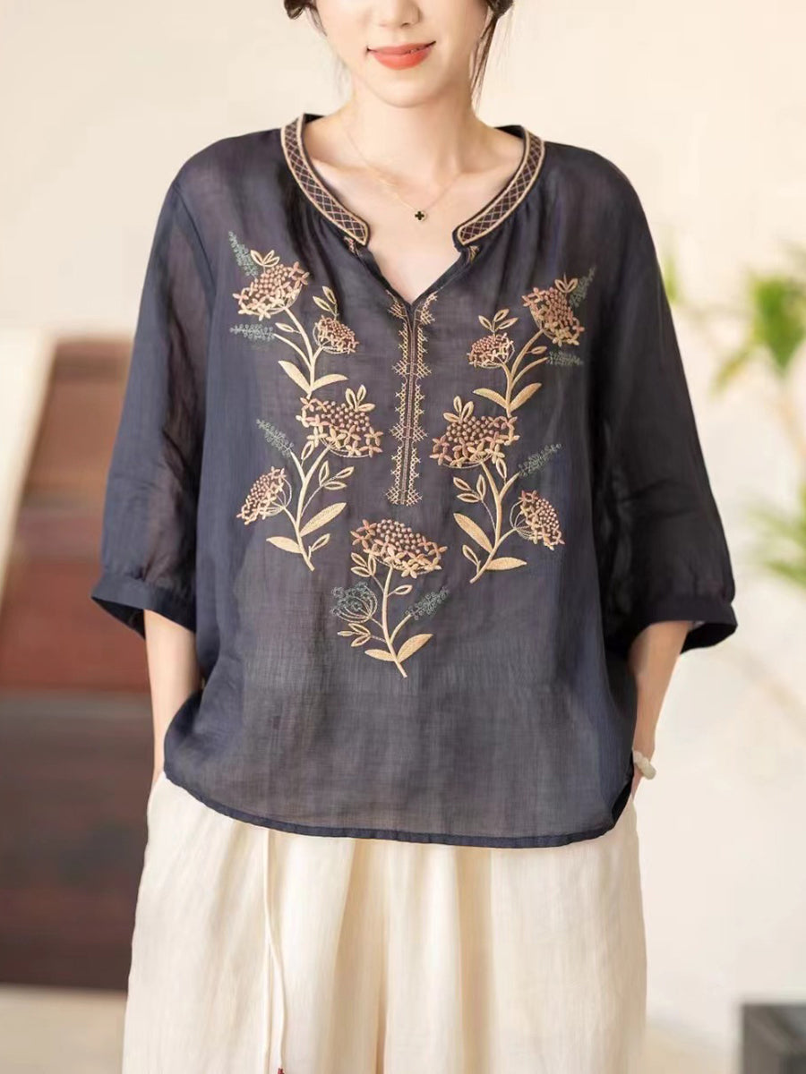 Women Summer Vintage Flower Embroidery V-neck Ramie Shirt CC036 BUYKUD