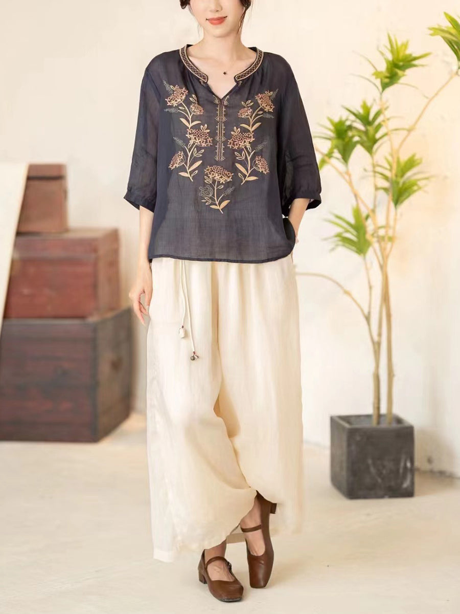 Women Summer Vintage Flower Embroidery V-neck Ramie Shirt CC036 BUYKUD