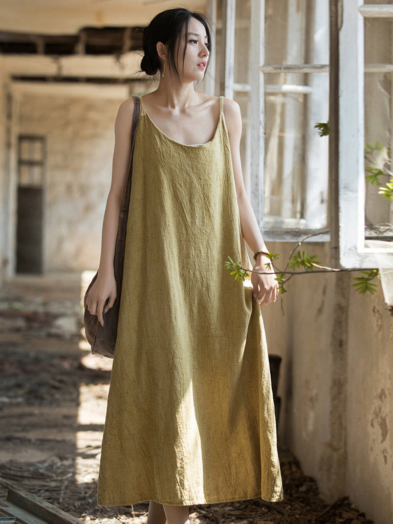 Women Summer Vintage Solid Loose Linen Cotton Vest Dress CC007 BUYKUD