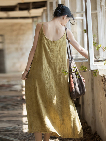 Women Summer Vintage Solid Loose Linen Cotton Vest Dress CC007 BUYKUD