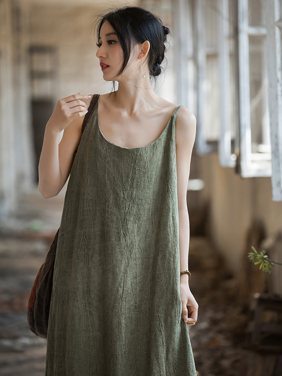 Women Summer Vintage Solid Loose Linen Cotton Vest Dress CC007 BUYKUD