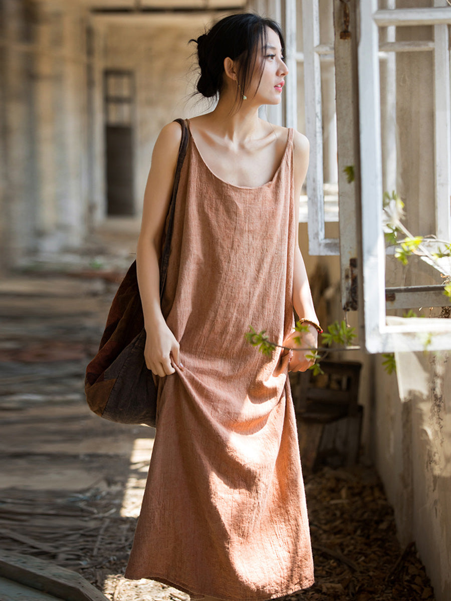 Women Summer Vintage Solid Loose Linen Cotton Vest Dress CC007 BUYKUD