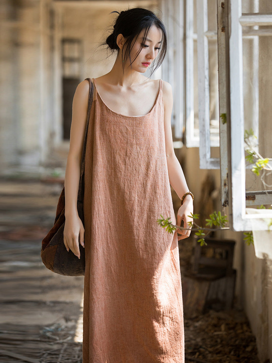 Women Summer Vintage Solid Loose Linen Cotton Vest Dress CC007 BUYKUD