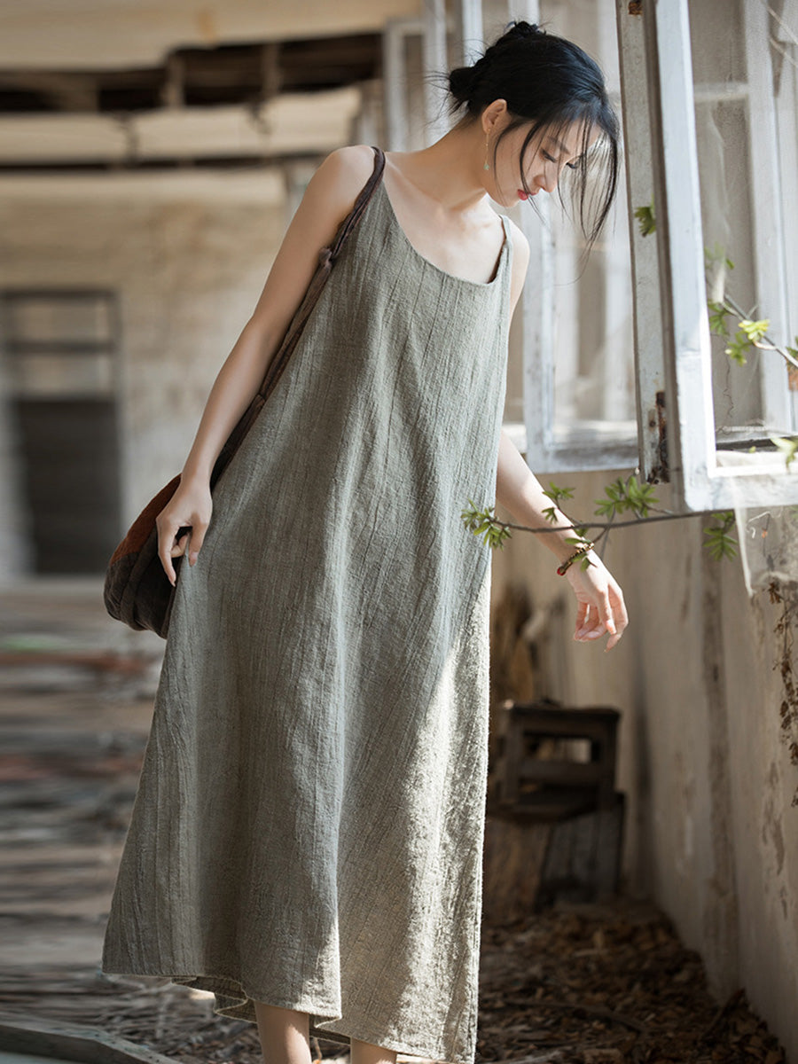 Women Summer Vintage Solid Loose Linen Cotton Vest Dress CC007 BUYKUD