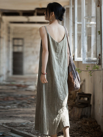 Women Summer Vintage Solid Loose Linen Cotton Vest Dress CC007 BUYKUD