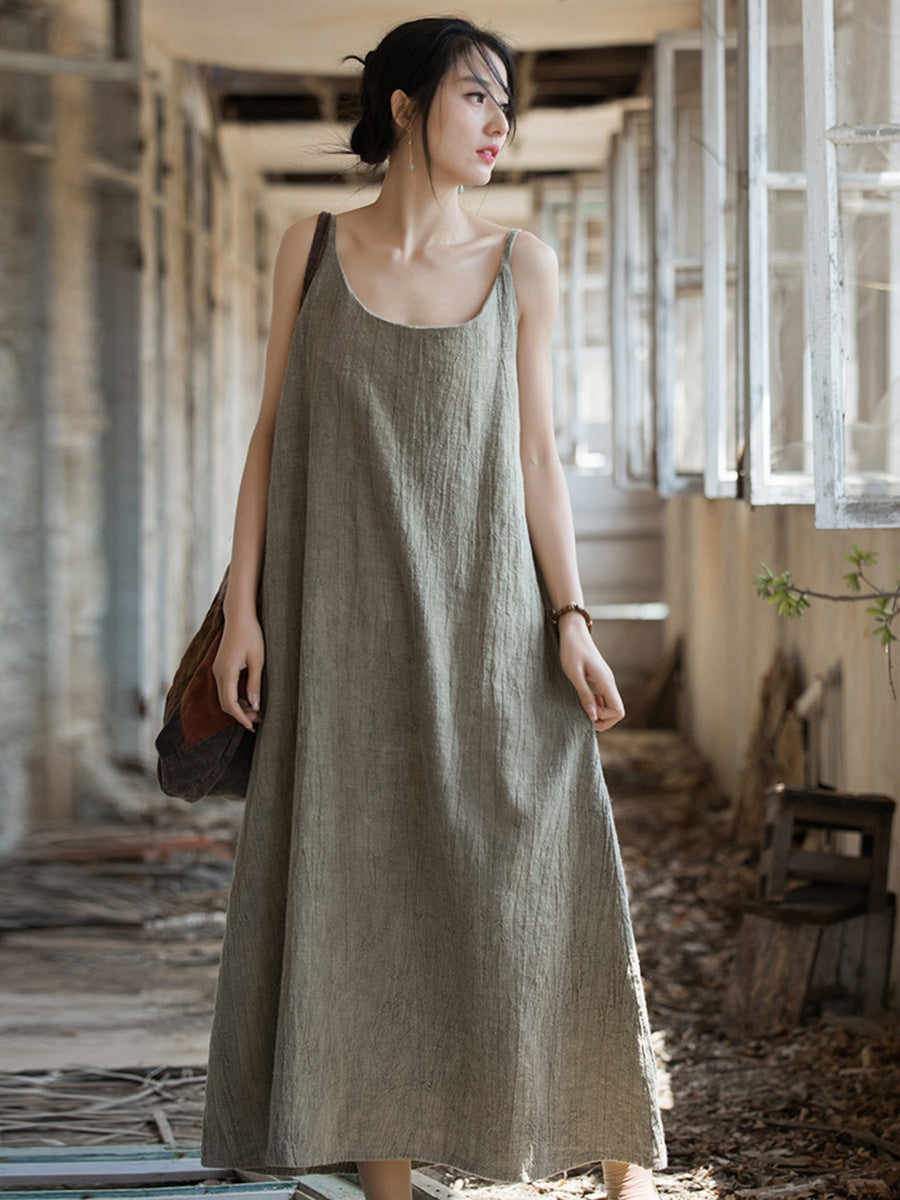 Women Summer Vintage Solid Loose Linen Cotton Vest Dress CC007 BUYKUD