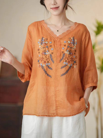 Women Summer Artsy Floral Embroidery V-Neck Ramie Shirt CC009 MCCFS