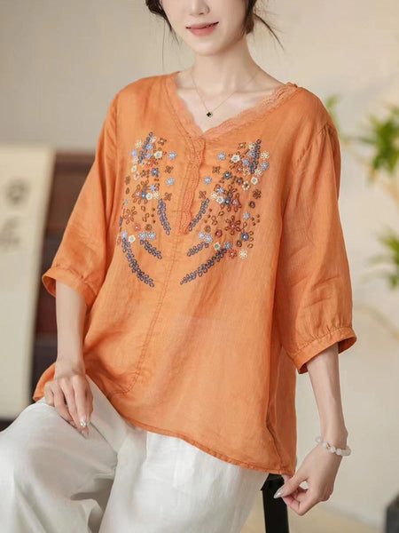 Women Summer Artsy Floral Embroidery V-Neck Ramie Shirt CC009 MCCFS