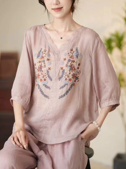 Women Summer Artsy Floral Embroidery V-Neck Ramie Shirt CC009 MCCFS