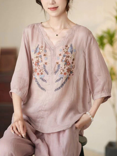Women Summer Artsy Floral Embroidery V-Neck Ramie Shirt CC009 MCCFS
