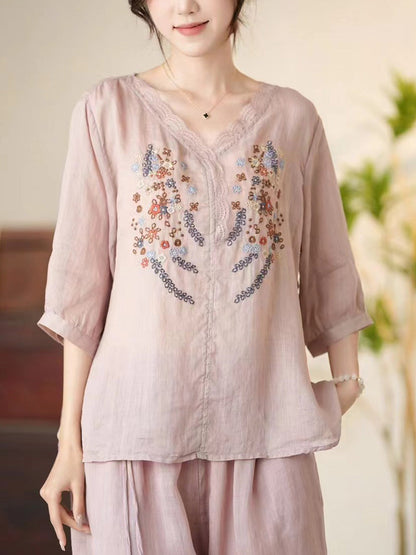 Women Summer Artsy Floral Embroidery V-Neck Ramie Shirt CC009 MCCFS