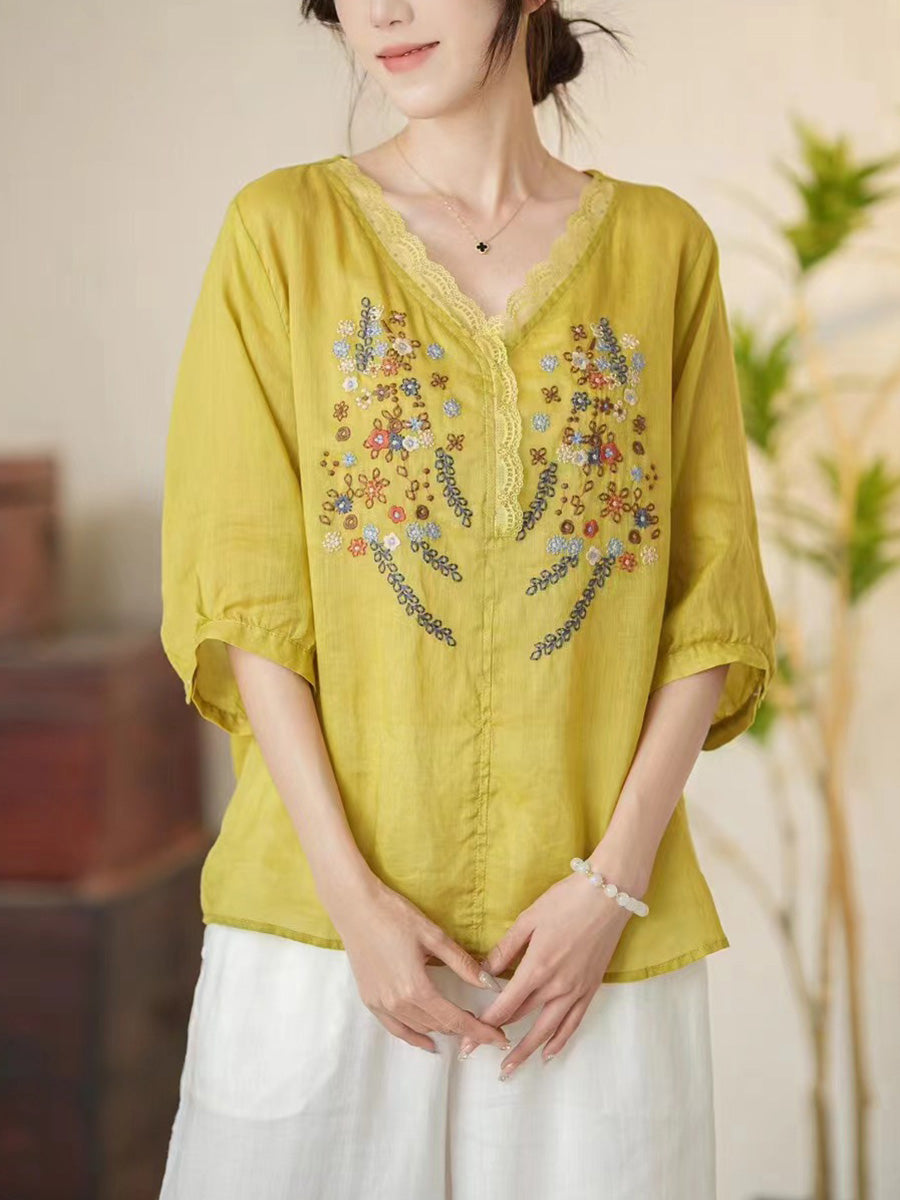 Women Summer Artsy Floral Embroidery V-Neck Ramie Shirt CC009 MCCFS