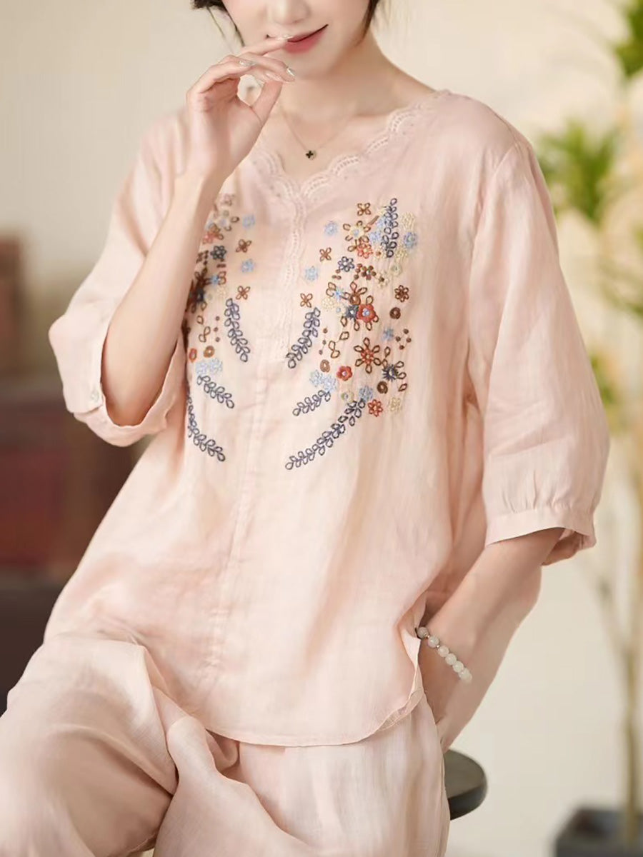 Women Summer Artsy Floral Embroidery V-Neck Ramie Shirt CC009 MCCFS