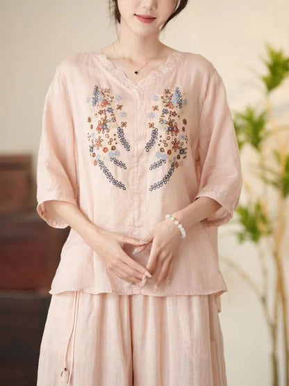 Women Summer Artsy Floral Embroidery V-Neck Ramie Shirt CC009 MCCFS