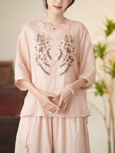 Women Summer Artsy Floral Embroidery V-Neck Ramie Shirt CC009 MCCFS