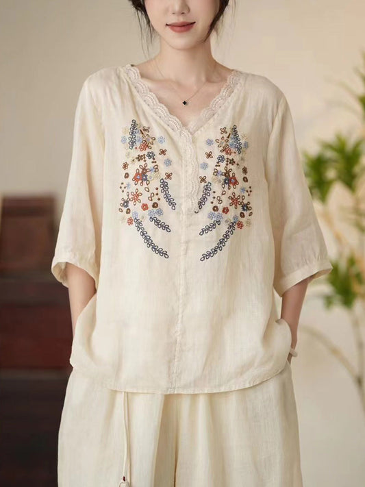 Women Summer Artsy Floral Embroidery V-Neck Ramie Shirt CC009 MCCFS