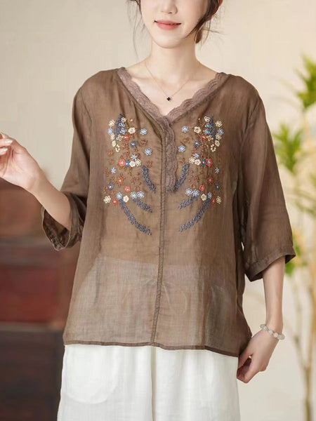 Women Summer Artsy Floral Embroidery V-Neck Ramie Shirt CC009 MCCFS