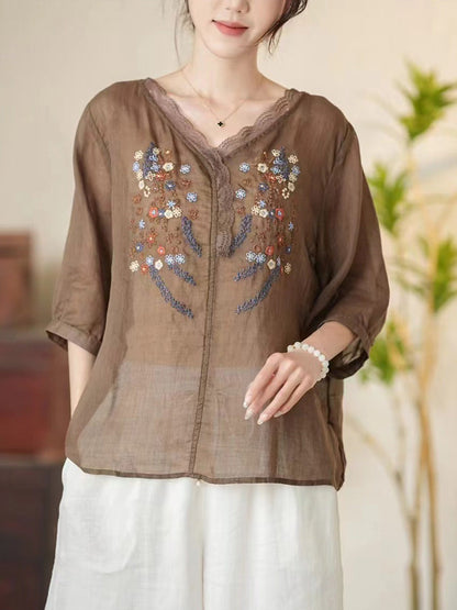 Women Summer Artsy Floral Embroidery V-Neck Ramie Shirt CC009 MCCFS