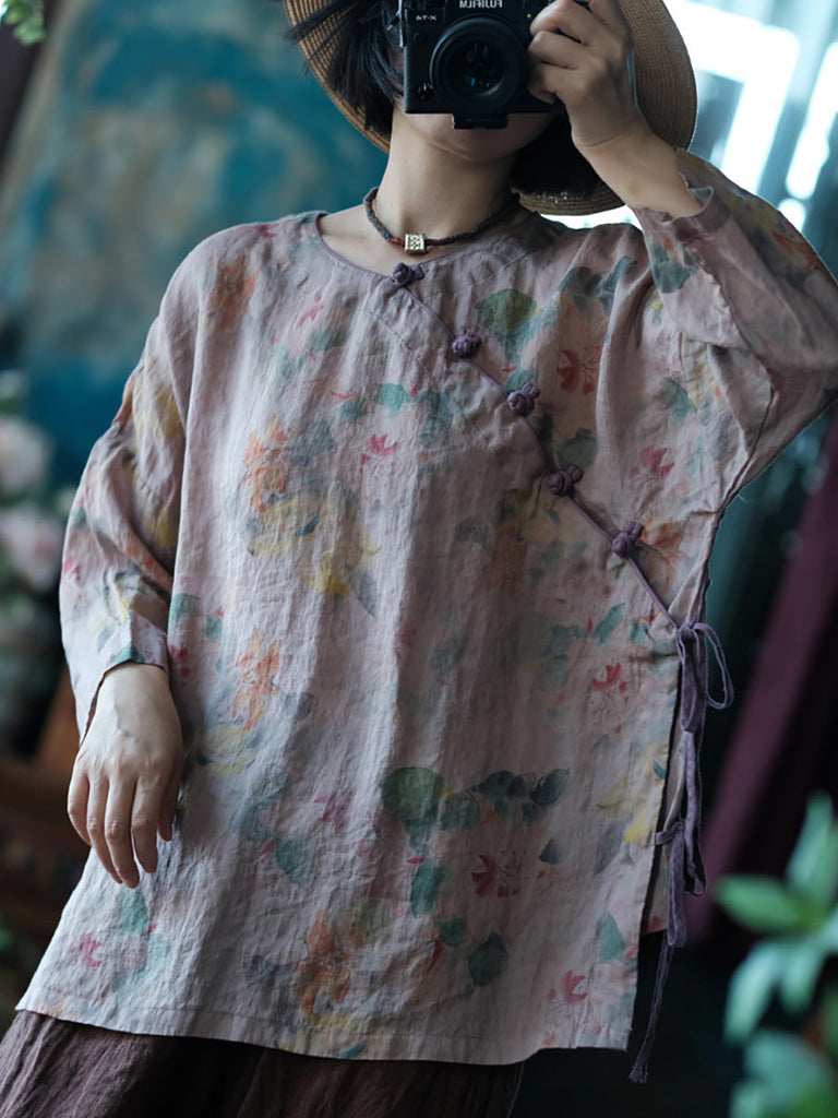 Women Summer Vintage Flower Strap Linen Shirt CC013 BUYKUD