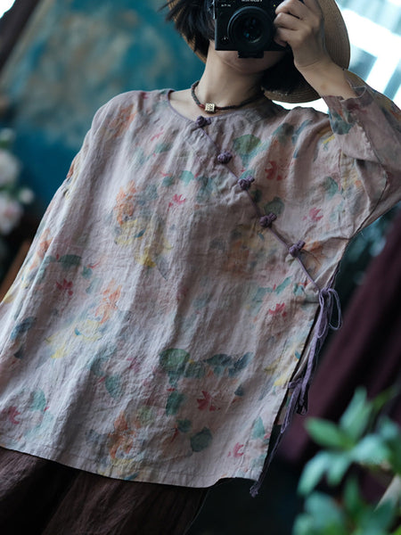 Women Summer Vintage Flower Strap Linen Shirt CC013 BUYKUD