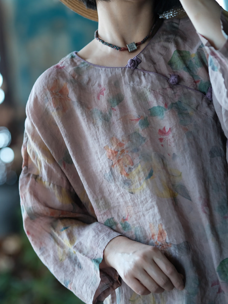 Women Summer Vintage Flower Strap Linen Shirt CC013 BUYKUD