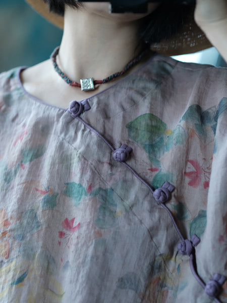 Women Summer Vintage Flower Strap Linen Shirt CC013 BUYKUD