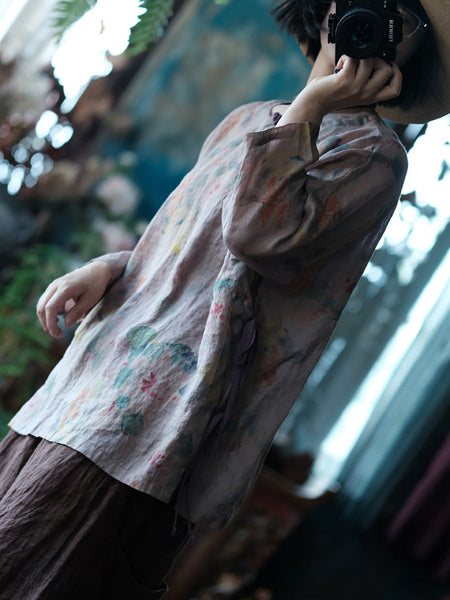 Women Summer Vintage Flower Strap Linen Shirt CC013 BUYKUD