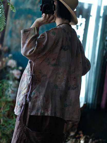 Women Summer Vintage Flower Strap Linen Shirt CC013 BUYKUD